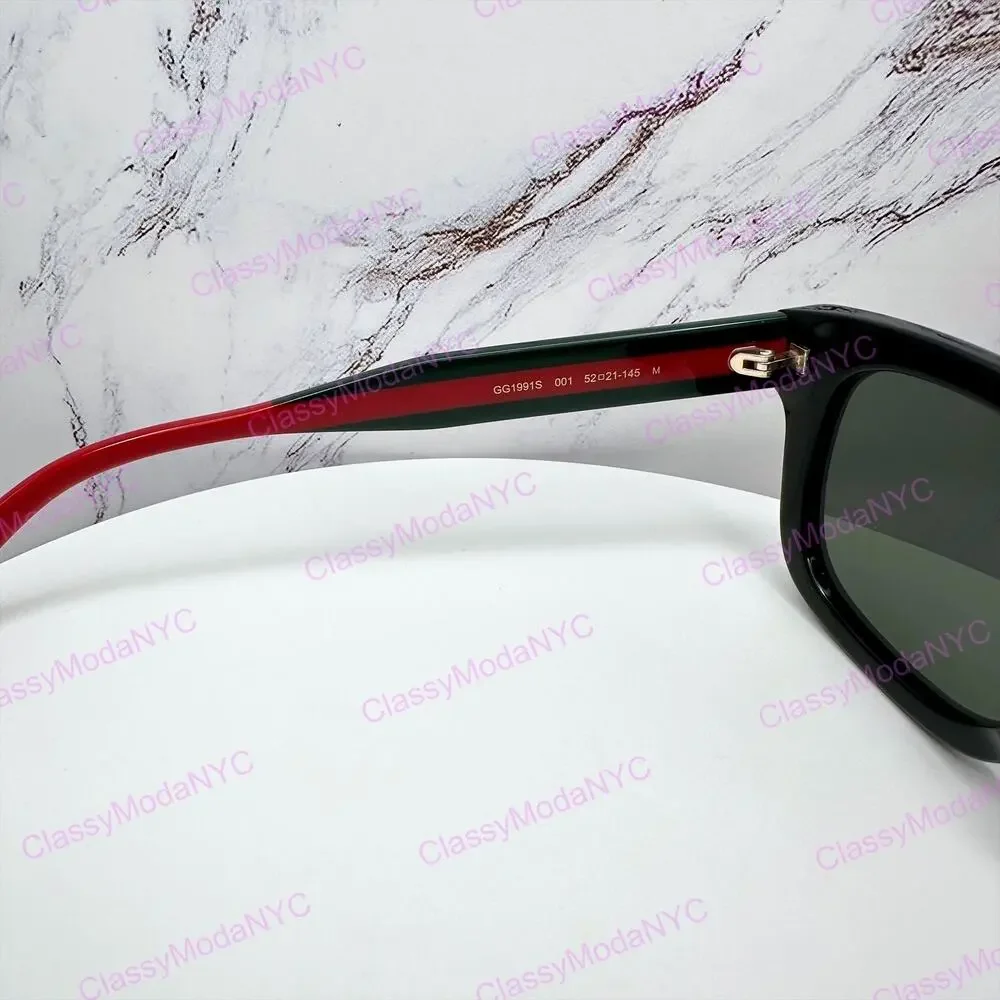 New GUCCI Sunglasses Mens 52mm Black Square Rectangle Aviator Red Green Web Arm